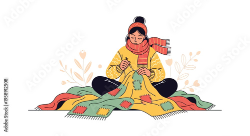 Cozy Artisan Creating Patchwork Quilt With Yarn