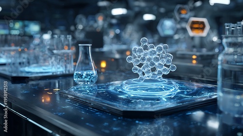 pharmaceutical innovation hologram, suspended molecular models over futuristic digital laboratory desk