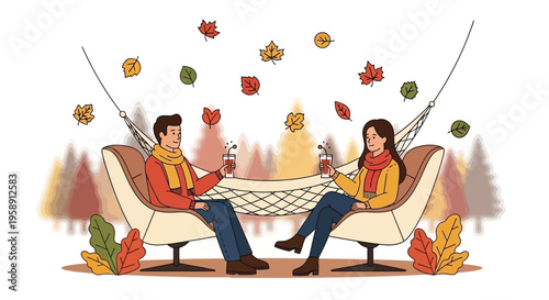 Cozy Autumn Couple Relaxing in Hammocks With Warm Drinks Surrounded by Falling Leaves