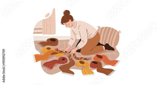 Cozy Autumn Vibes Woman Arranging Scarves Warm Colors Indoors
