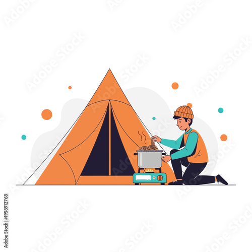 Cozy Camp Cooking Scene With Person And Tent