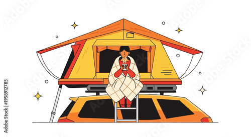 Cozy Camper Enjoying Warm Beverage In Rooftop Tent Adventure