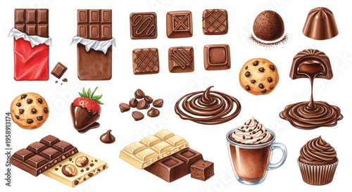 Watercolor Chocolate Desserts Set with Bars Truffles Cookies and Hot Cocoa Illustration