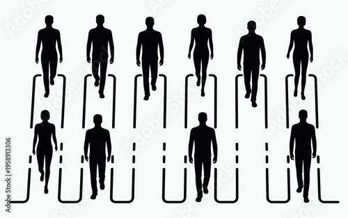 Black silhouettes of people walking up stairs.