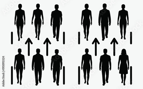 Black silhouettes of people walking up.