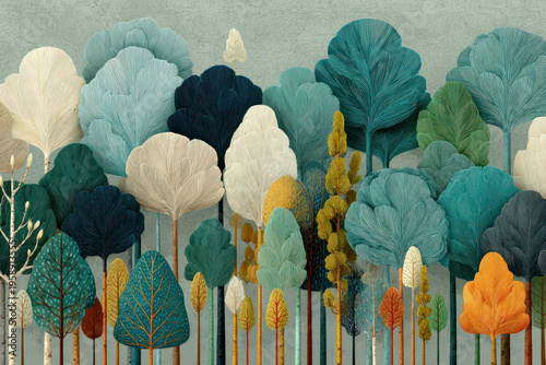 Stylized abstract forest illustration with pastel trees, modern decorative nature background