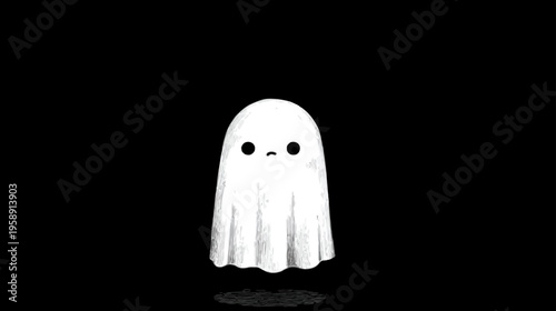 Simple white ghost character with sad expression floating on a black background. Adorable minimalist Halloween illustration.