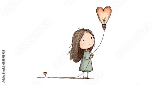 Cute cartoon girl holding a glowing heart-shaped lightbulb, symbolizing inspiration, love, new ideas, hope, and creativity.