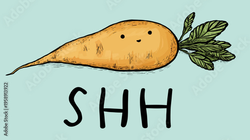 Adorable cartoon carrot illustration with "SHH" text, depicting silence, quiet, or a fun secret message. Hand-drawn whimsical vegetable.
