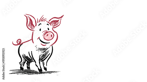 Cute cartoon pig illustration with a happy smile, friendly farm animal character drawing, funny piglet sketch art on white background.