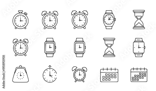 A collection of various time keeping devices in a simple line art style