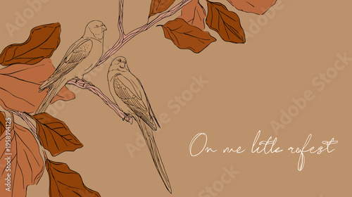 Line art illustration of two small birds on a branch with stylized leaves. Hand-drawn nature artwork in warm earthy tones.
