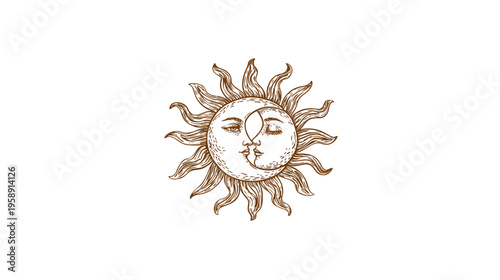 Mystical Sun and Moon Illustration with Faces. Hand Drawn Celestial Boho Art, Vintage Astrology Graphic Design Element