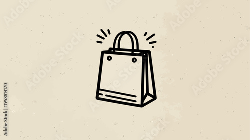 Hand-drawn shopping bag icon with highlight on textured beige. Retail, e-commerce, purchase, sale, and gift concept.