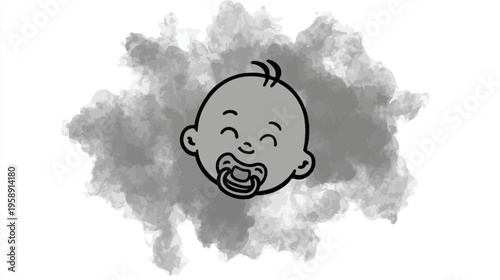Adorable smiling baby face illustration with a pacifier against a smoky grey cloud background, symbolizing infancy, parenthood, or new life concepts.