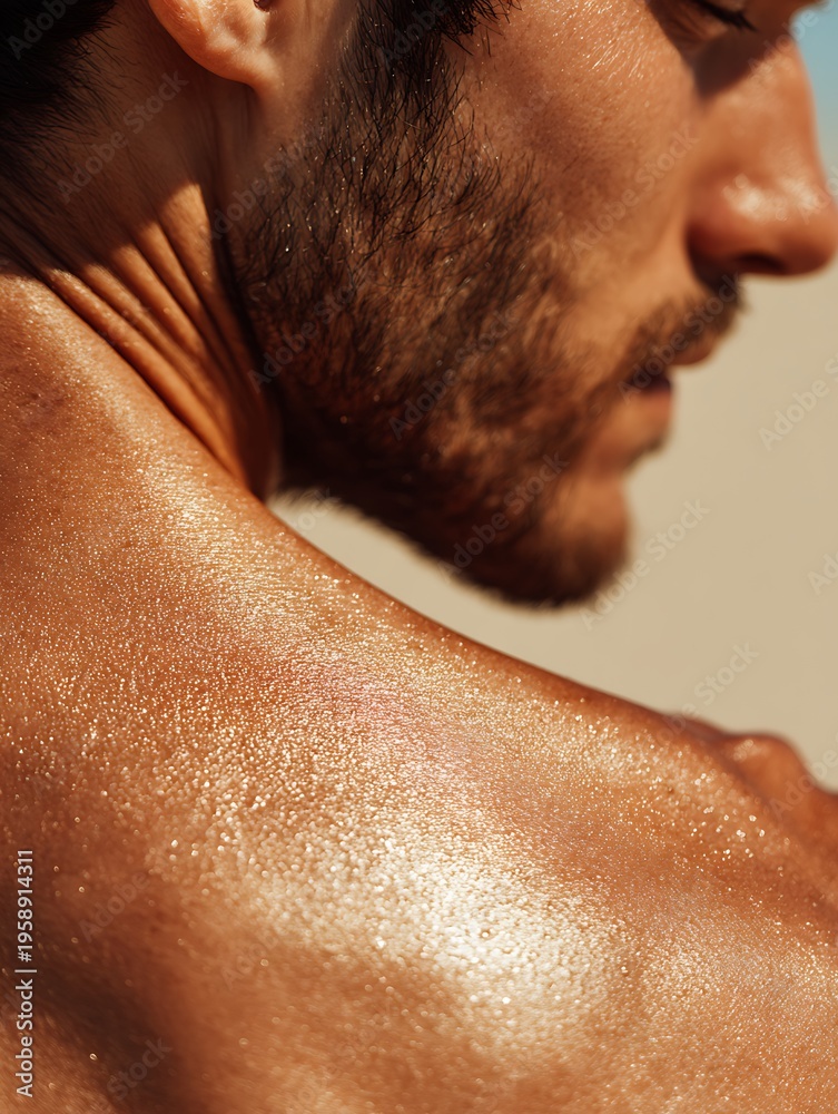 Naklejka premium close-up of Middle Eastern male neck and shoulder with sunscreen glow,