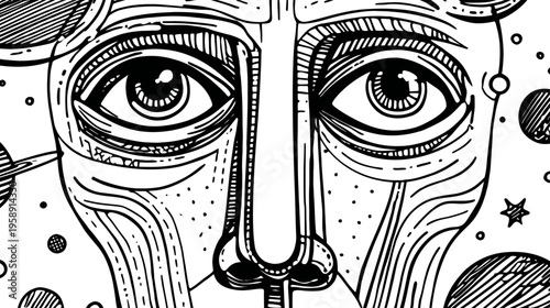 Mysterious stylized human face in a cosmic universe. Hand-drawn black and white illustration with celestial elements, planets, and stars. Surreal art.