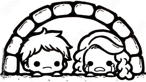 Distressed cartoon boy and girl hiding under a brick arch, feeling scared and trapped, black and white line art illustration.