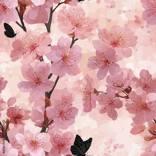 Soft blush sakura flowers with delicate petals and airy black butterfly silhouettes create gentle and serene springtime floral pattern full of natural beauty and calm
