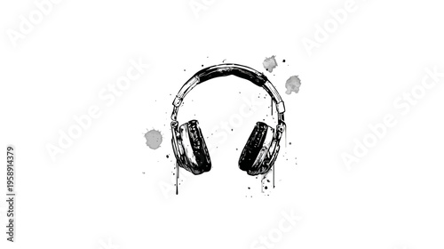 Artistic Black and White Watercolor Splash Illustration of Modern Headphones for Music, Audio, and Sound Concepts