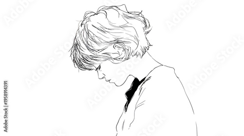 Hand-drawn line art illustration of a pensive young person with short hair looking down, minimalist black and white sketch