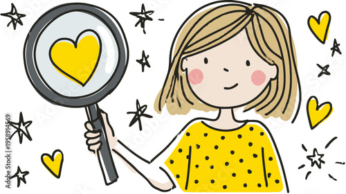 Cute cartoon girl searching for love and happiness with a magnifying glass, discovering a yellow heart surrounded by stars. Hand-drawn illustration.