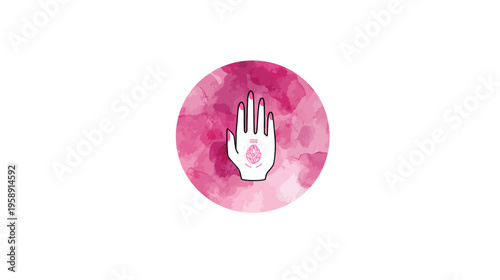 Hand palm icon with spiritual symbol on a vibrant pink watercolor circle. Represents wellness, healing, meditation, and holistic concepts.