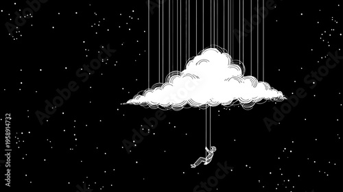 Surreal black and white illustration of a figure hanging from a floating cloud in a vast starry night sky, dreamlike concept.