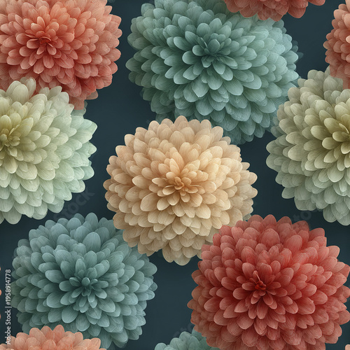 Soft coral and muted aqua puff flower pattern tile stylized with delicate petals in soft pastel colors creating calming and elegant floral design on dark background