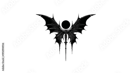 Dark Gothic Fantasy Symbol with Stylized Bat Wings, Sharp Spiky Elements, and a Mystical Black Central Emblem