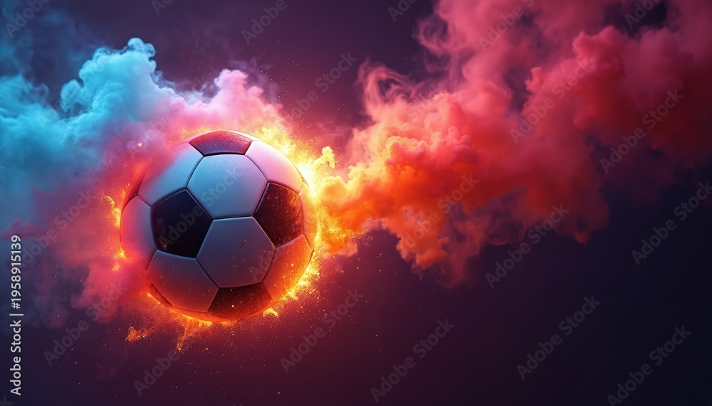 Fototapeta premium Soccer ball explodes in colorful smoke and fire. Dynamic sports concept illustration for game event celebration or competition. Action graphic design with copy space.