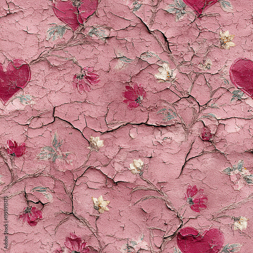 Cracked pink wall with faded floral and heart patterns creates distressed vintage texture, evoking nostalgic and romantic emotions in soft, worn design background