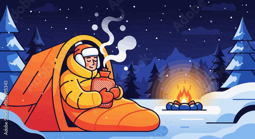 Cozy Camper Enjoys Warmth Beside Winter Campfire Under Starry Night Sky