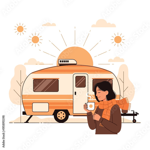 Cozy Camper Morning Scene Woman Enjoying Coffee Outdoors