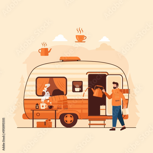 Cozy Camper Van Morning Scene With Coffee And Dog Companion
