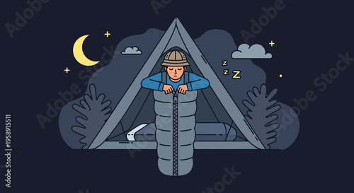 Cozy Camper Zipping Into Sleeping Bag Under Crescent Moon