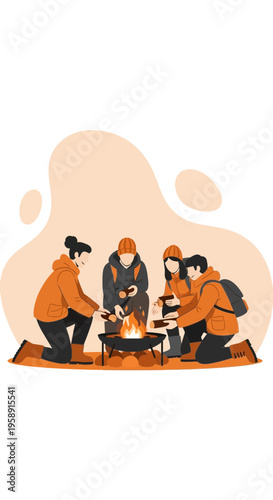 Cozy Campfire Gathering Friends Enjoying Outdoor Winter Warmth Together