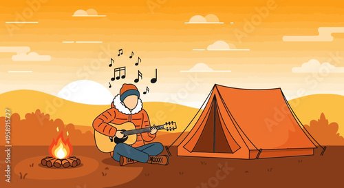 Cozy Campfire Serenade Under Sunset Skies With Guitar
