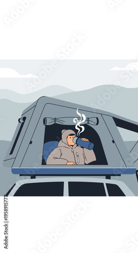 Cozy Camping Adventure Enjoying Warm Beverage Inside Rooftop Tent