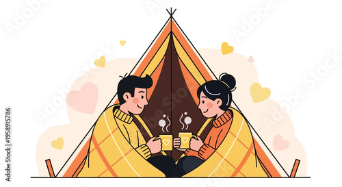 Cozy Couple Sharing Warm Drinks Under A Tent Shielded By A Yellow Plaid Blanket