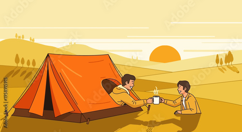 Cozy Camping Morning Scene With Two Friends Sharing Coffee At Sunrise
