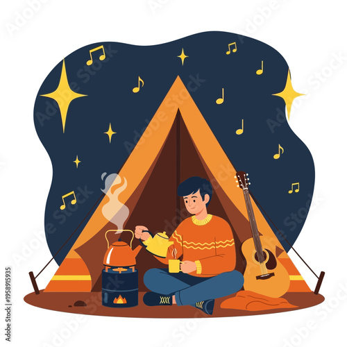 Cozy Camping Night With Music And Warm Tea Under Starry Sky