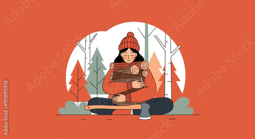 Cozy Forest Dweller With Firewood And Axe