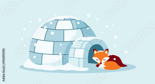 Cozy Fox Sleeping In An Igloo During A Gentle Snowfall Illustration