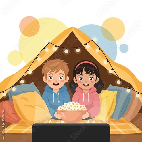 Cozy Indoor Family Movie Night Fun With Children And Popcorn