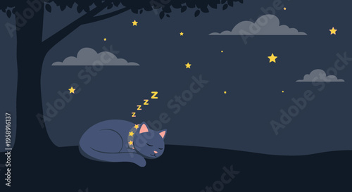 Cozy Cat Sleeping Under The Starry Night Sky