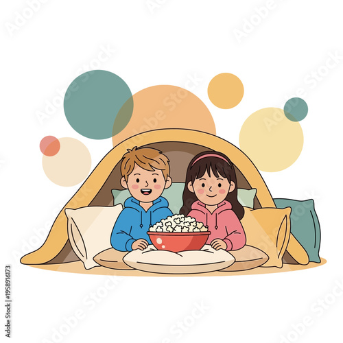 Cozy Indoor Fort Scene With Two Children Sharing Popcorn Fun