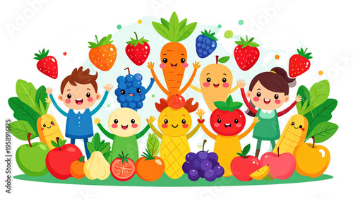 Vector illustration of cute kawaii fruits berries and vegetables with hands and legs.