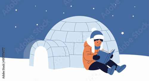 Cozy Child Reading A Book Beside An Igloo Under A Starry Night Sky