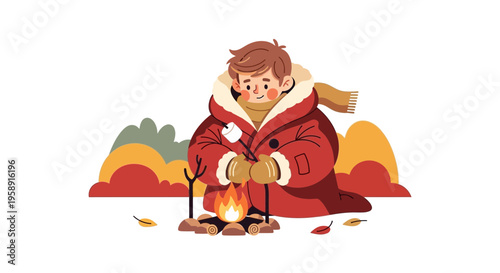 Cozy Child Roasting Marshmallow Over Campfire In Autumn Landscape